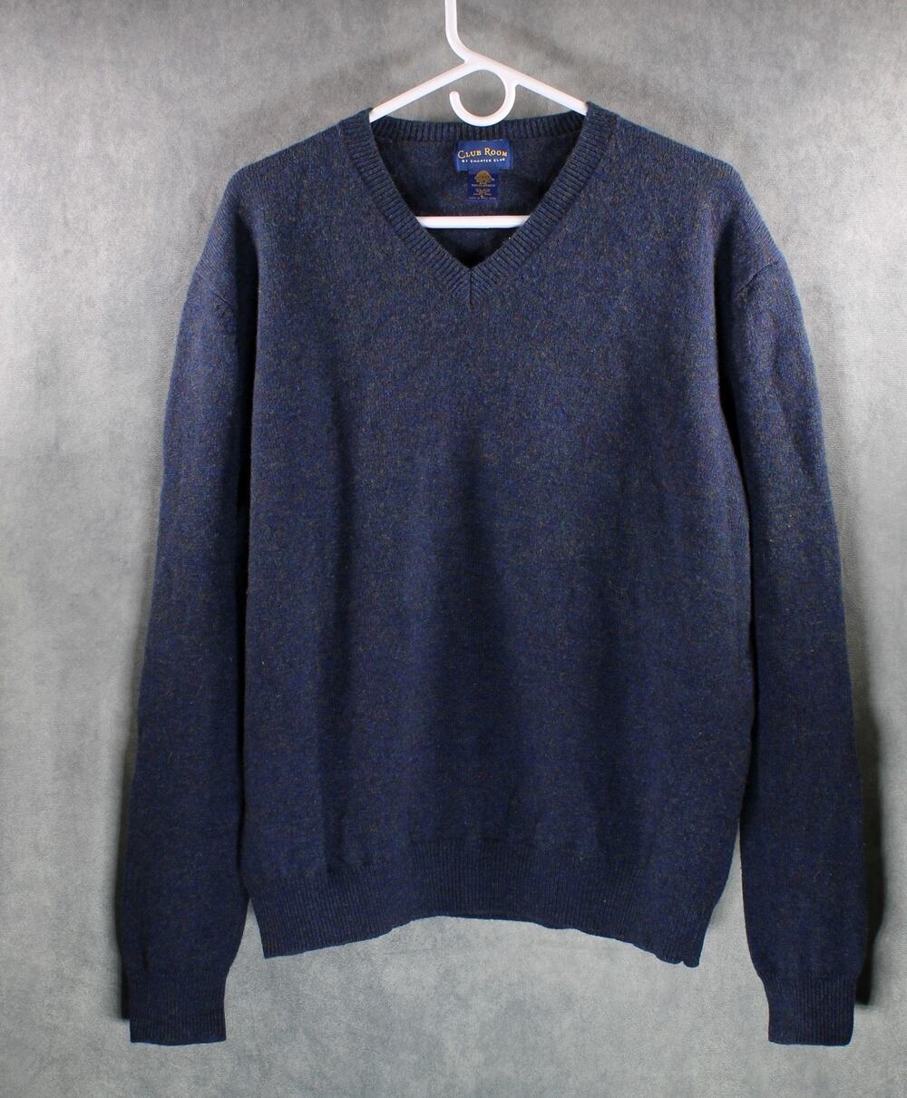 Club Room Mens Blue Speckled 100% Lambswool V Neck Pullover Sweater Size Large